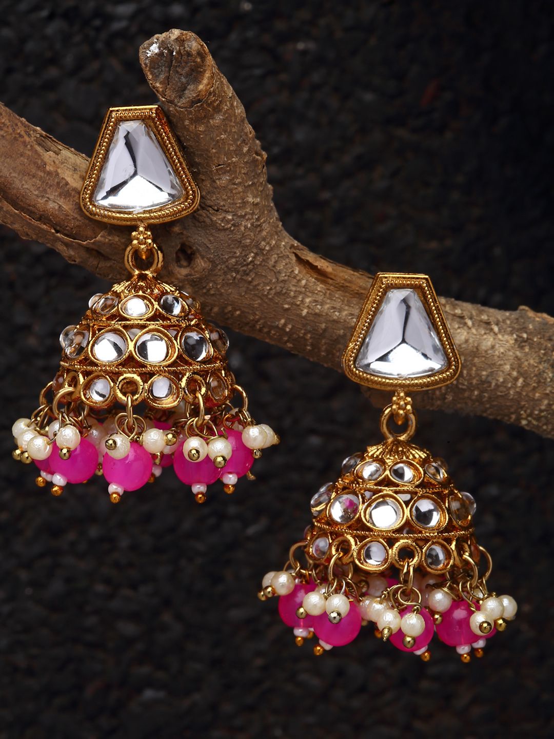 Gold-Plated Kundan Jhumka Earrings | Traditional Pink Bead Jhumki