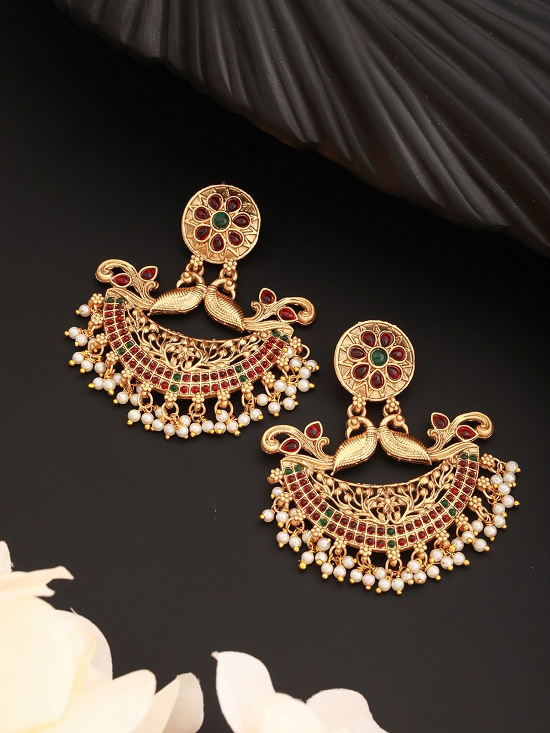 Gold Plated Peacock Jhumka Earrings - Traditional Ruby Emerald
