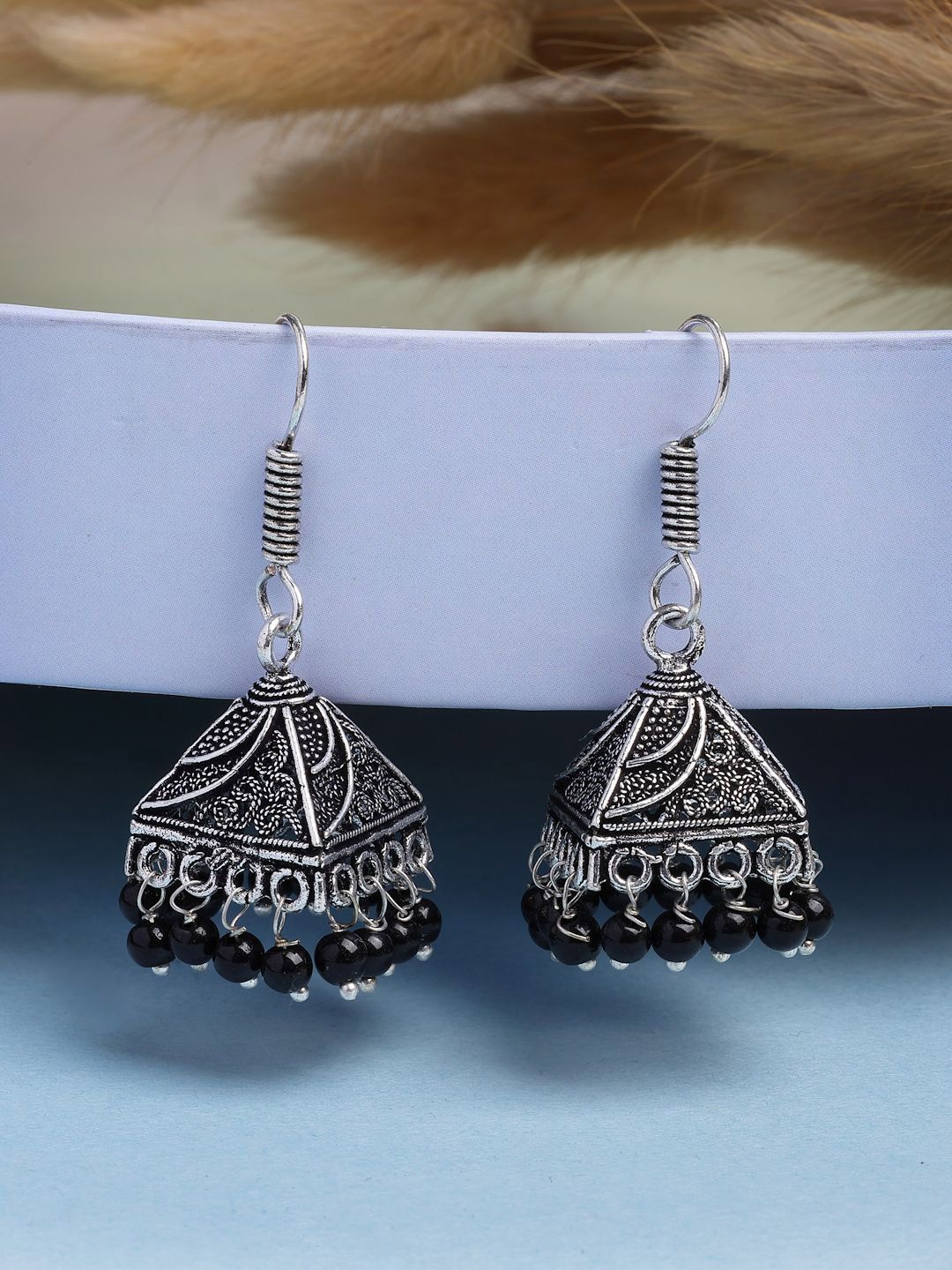 Graceful Oxidized Jhumka Earrings with Black Beads | Traditional Indian Artificial Jewelry