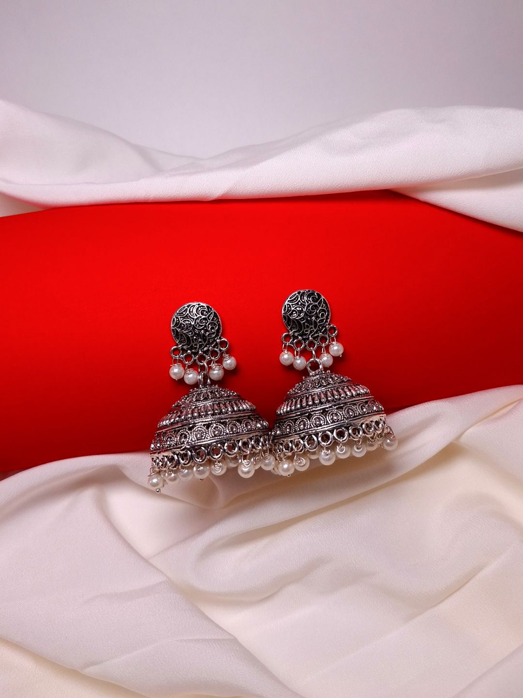 HOPMEE Silver Beaded Dome Jhumka for Women