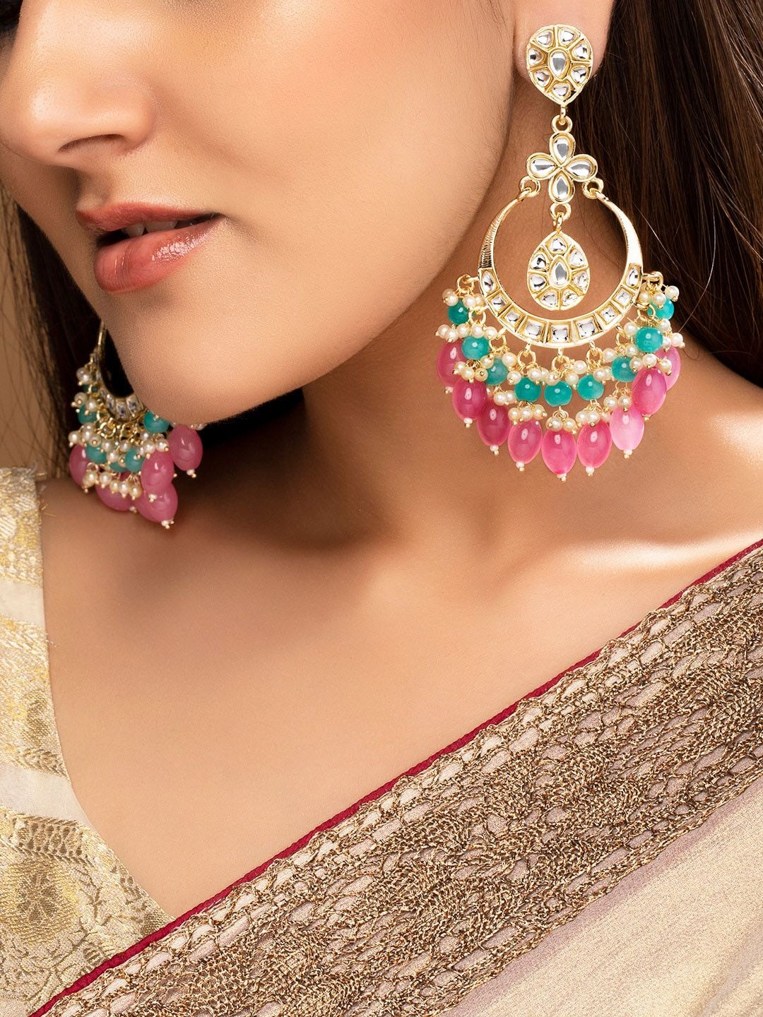 Kundan Studded Multicolor Chandbali Jhumka