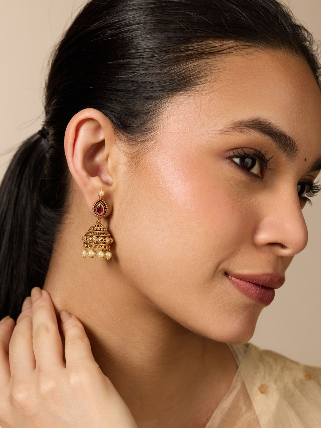 Kushal's Ruby Gold Plated Dome Jhumka