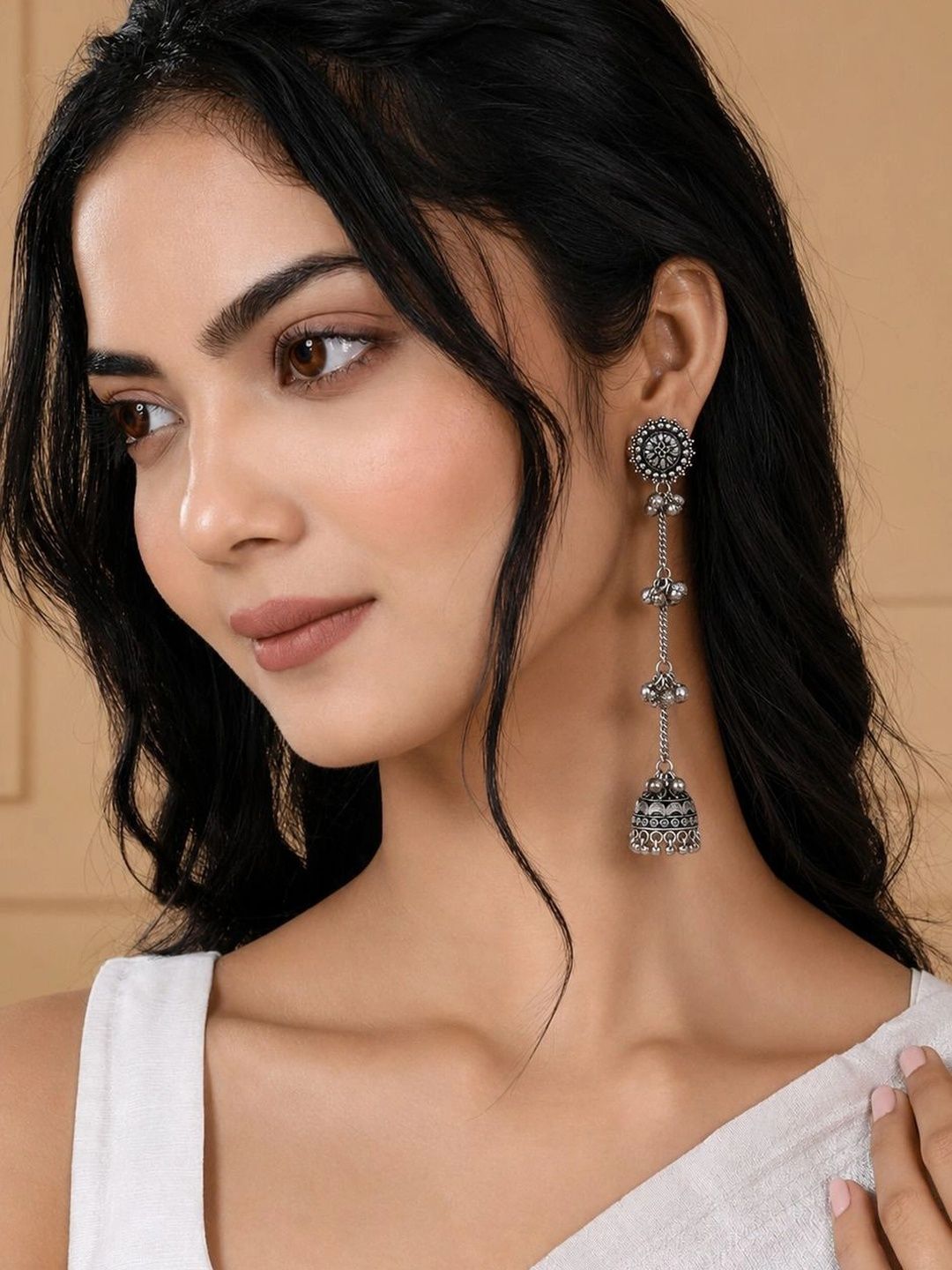 Kyoot Jewels Floral Oxidised Silver Jhumka