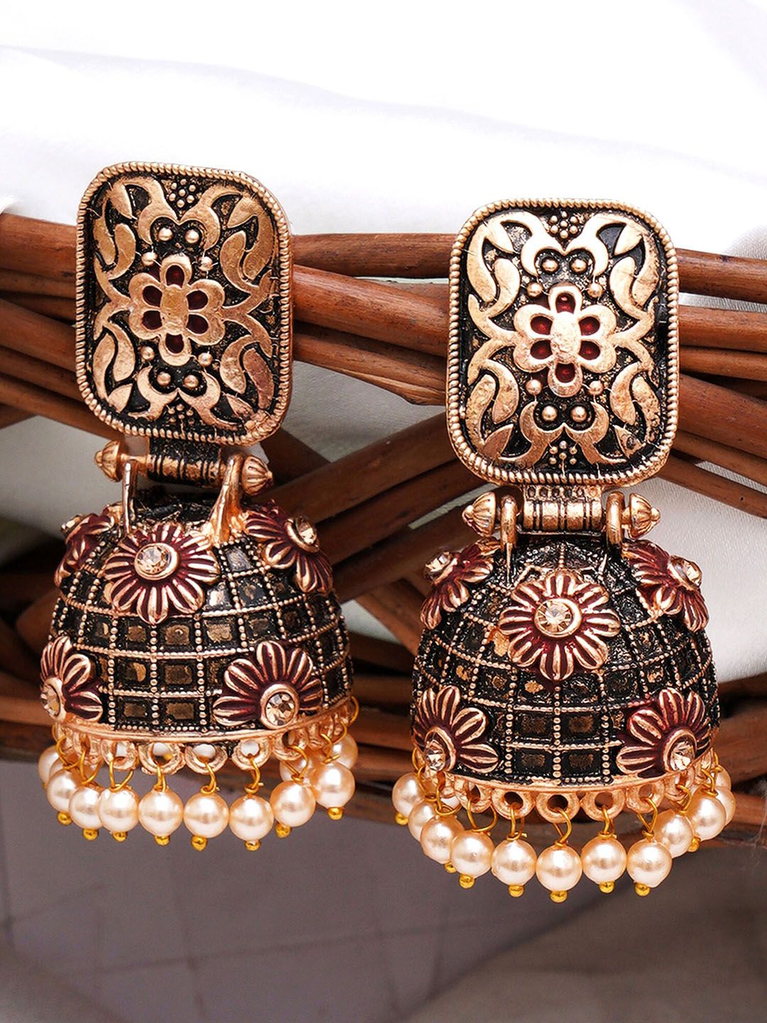 Maroon Gold Plated Contemporary Jhumka for Women