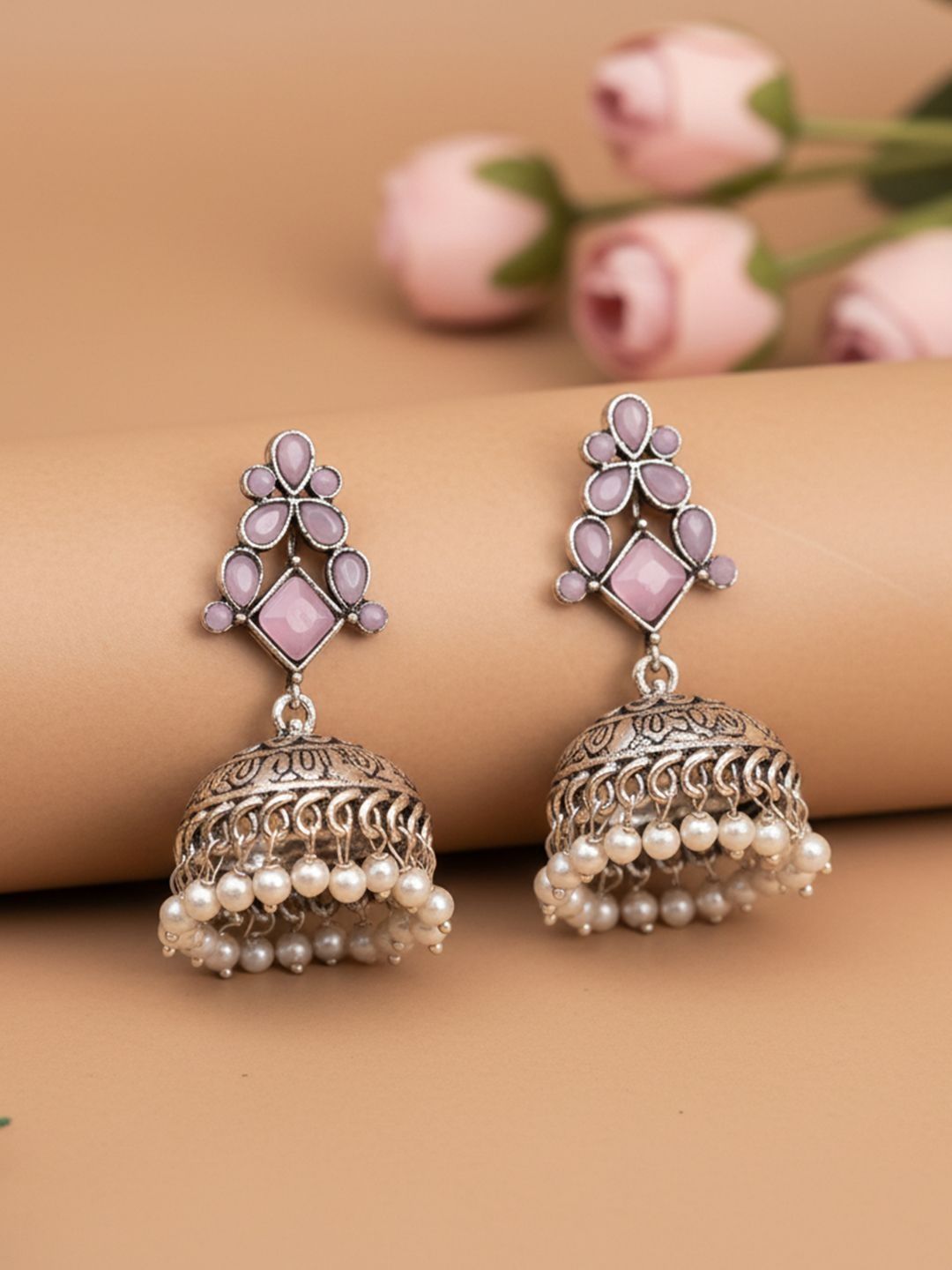 Mauve Stone Oxidized Artificial Jhumka Earrings | Traditional Indian Style