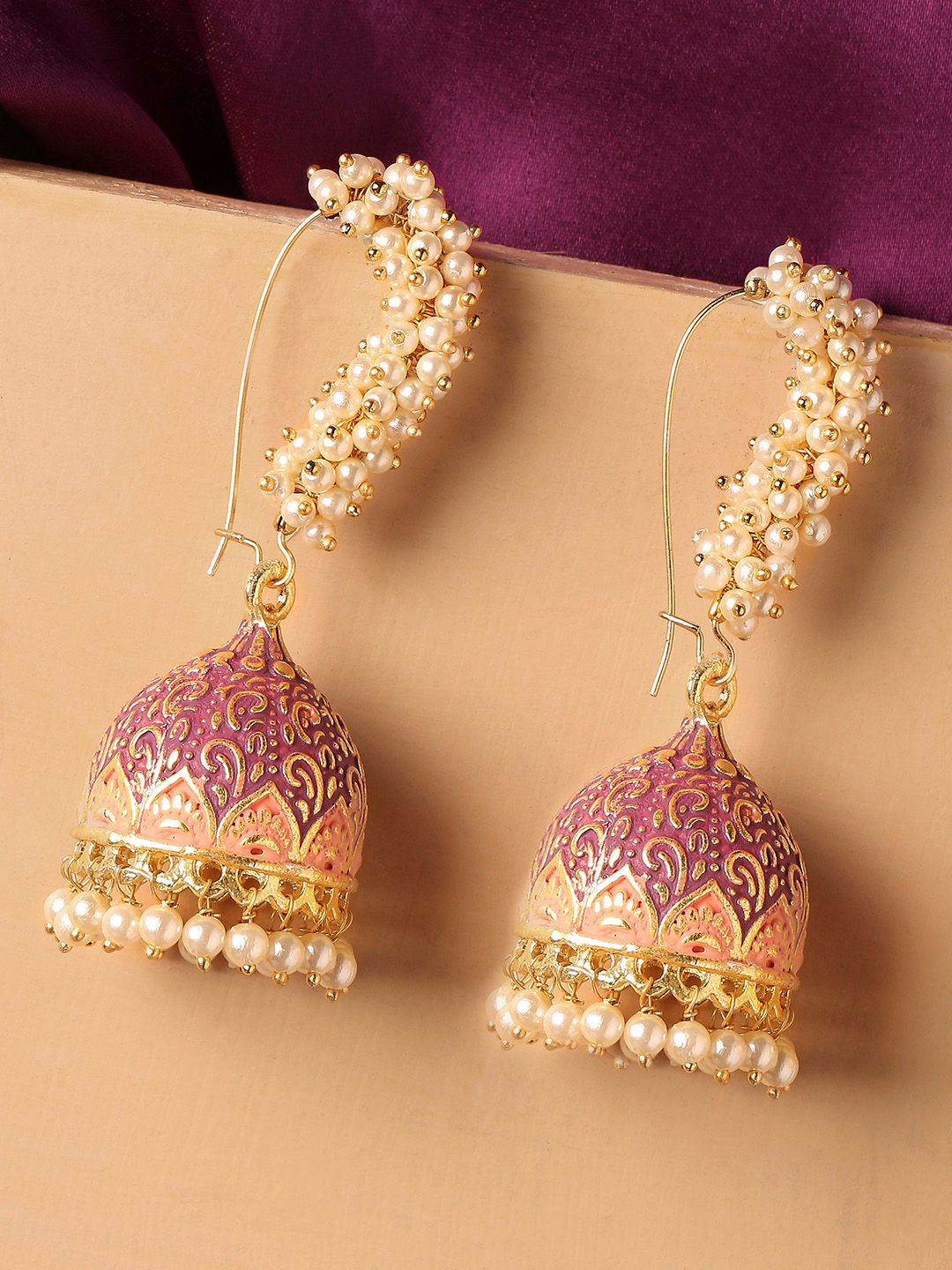 Meenakari Jhumkas | Gold Plated Pearl Cluster Earrings