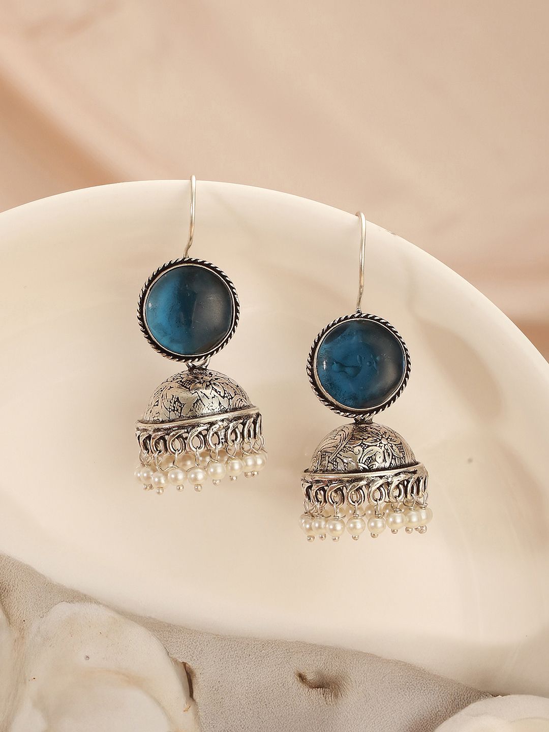 Mesmerizing Oxidized Jhumka Earrings: Traditional Blue Stone & Pearl Design