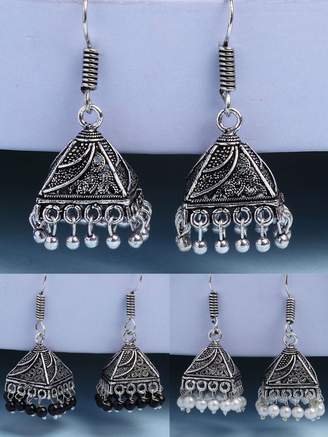 Oxidised Silver Beaded Jhumka Set for Women