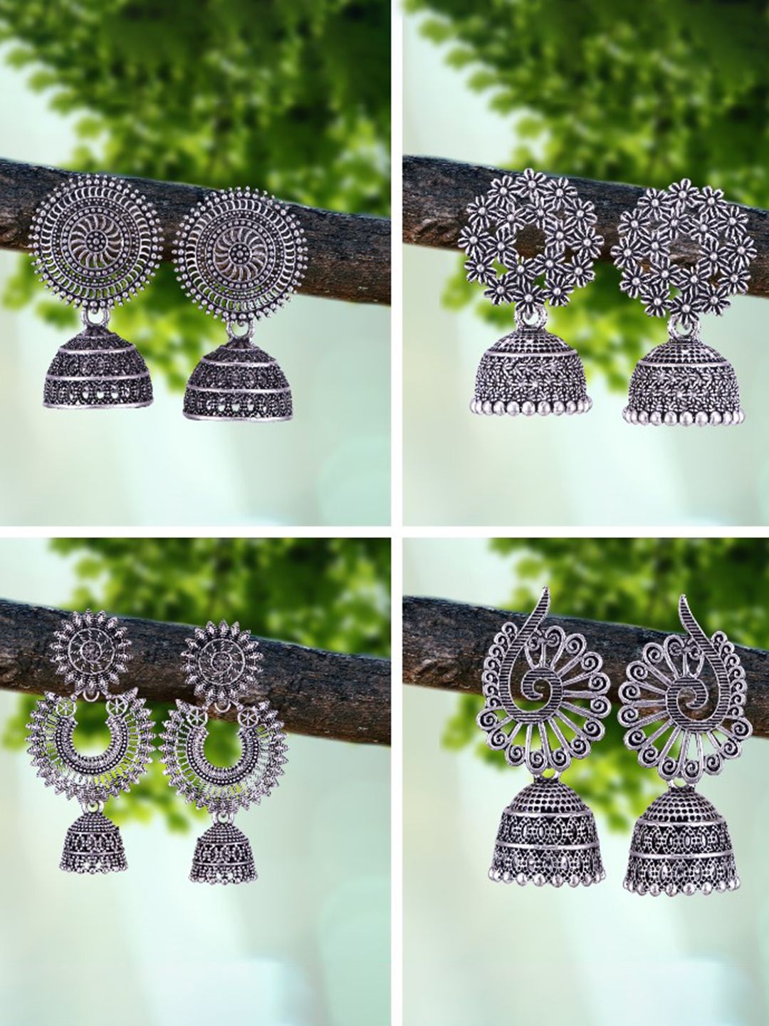 Oxidised Silver Peacock Jhumka Set