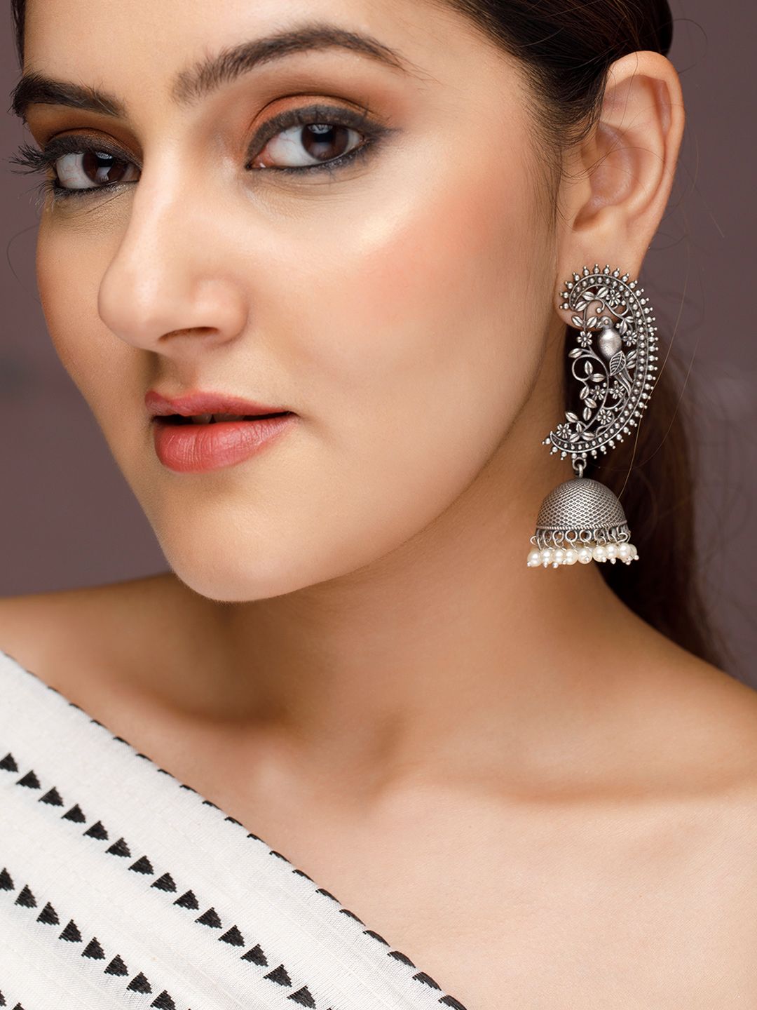 Oxidized Floral Jhumka with Pearls