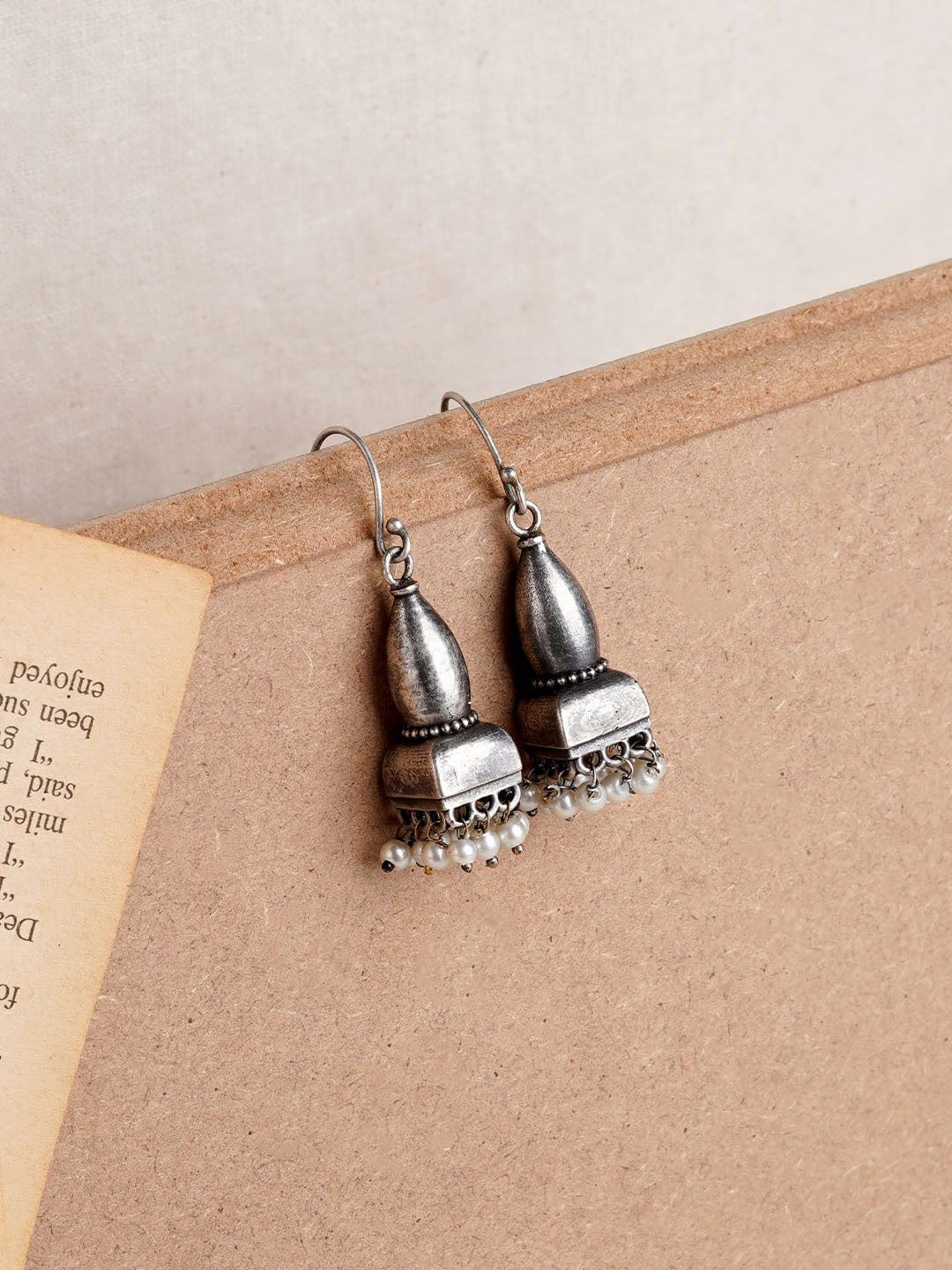 Oxidized Silver Beaded Jhumka Earrings