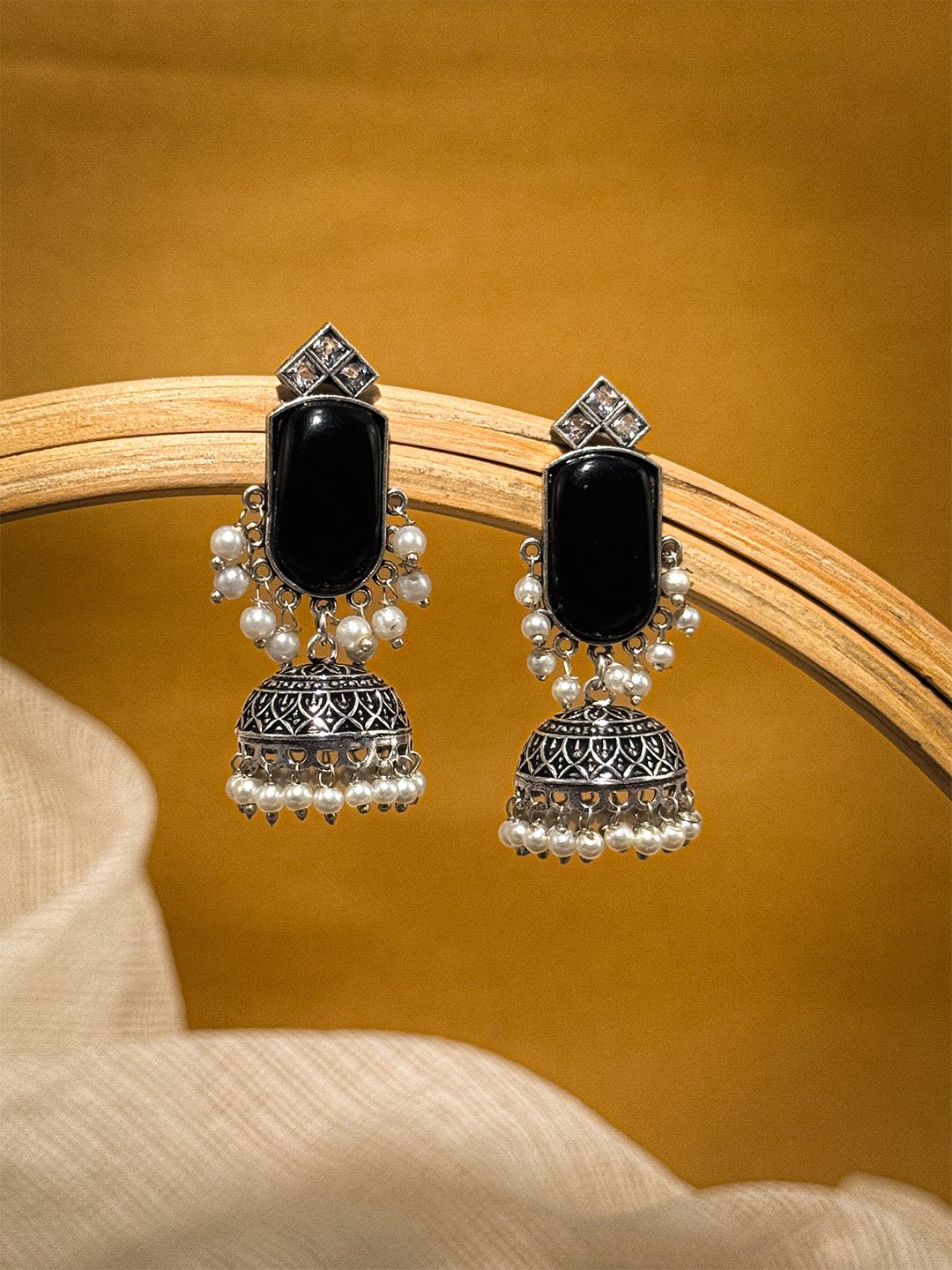Oxidized Silver Jhumka Earrings Black Stone with Pearls | Traditional Indian Style