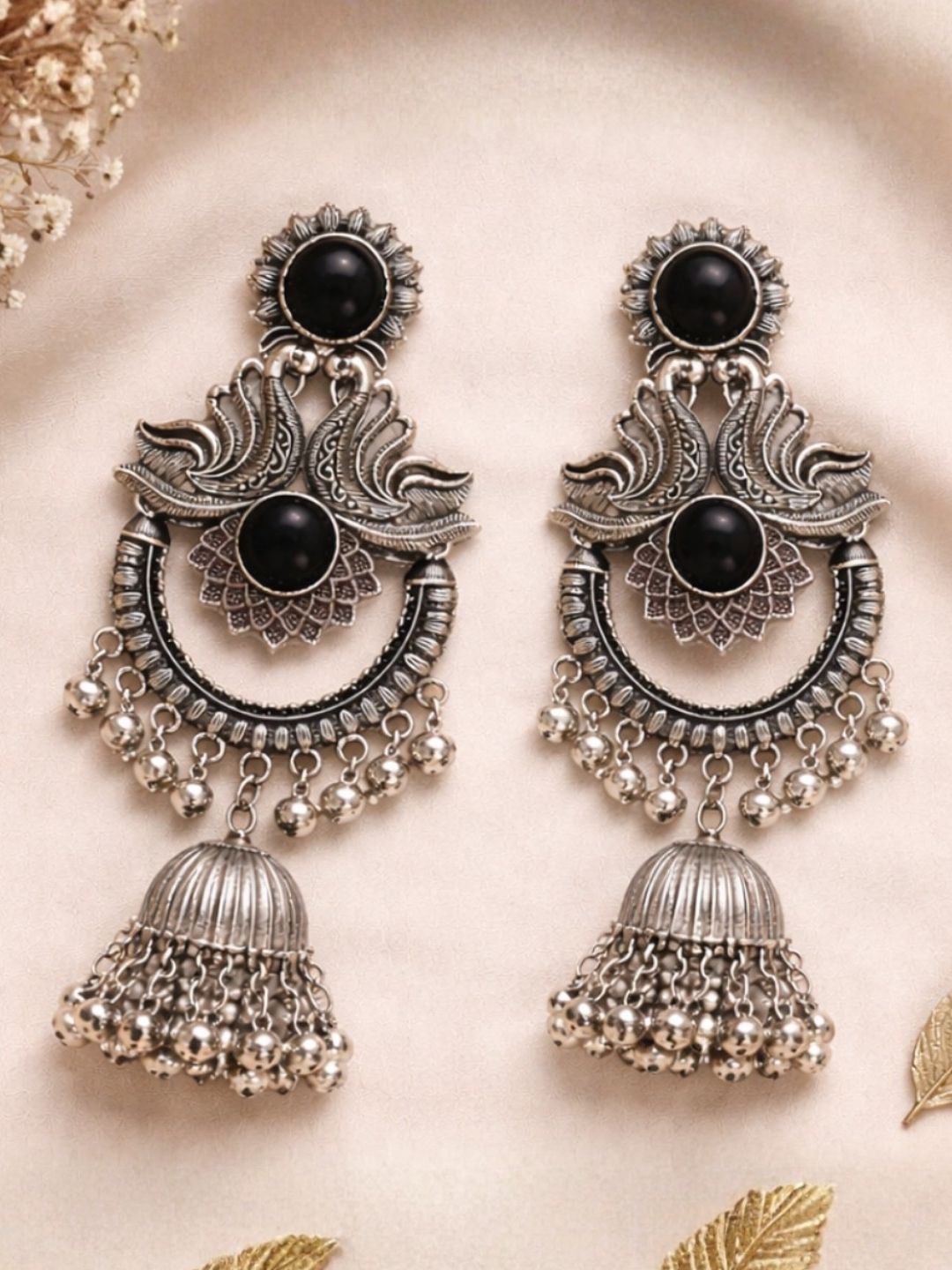 Oxidized Silver Jhumka Earrings by I Jewels