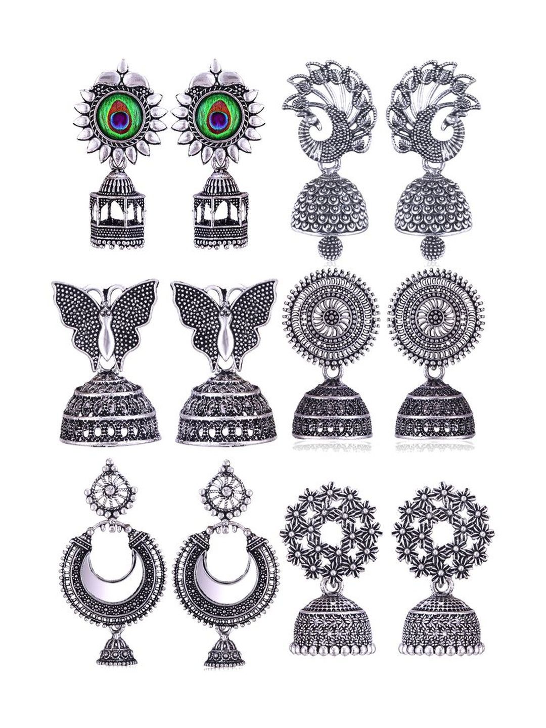 Oxidized Silver Jhumka for Women Set of Six