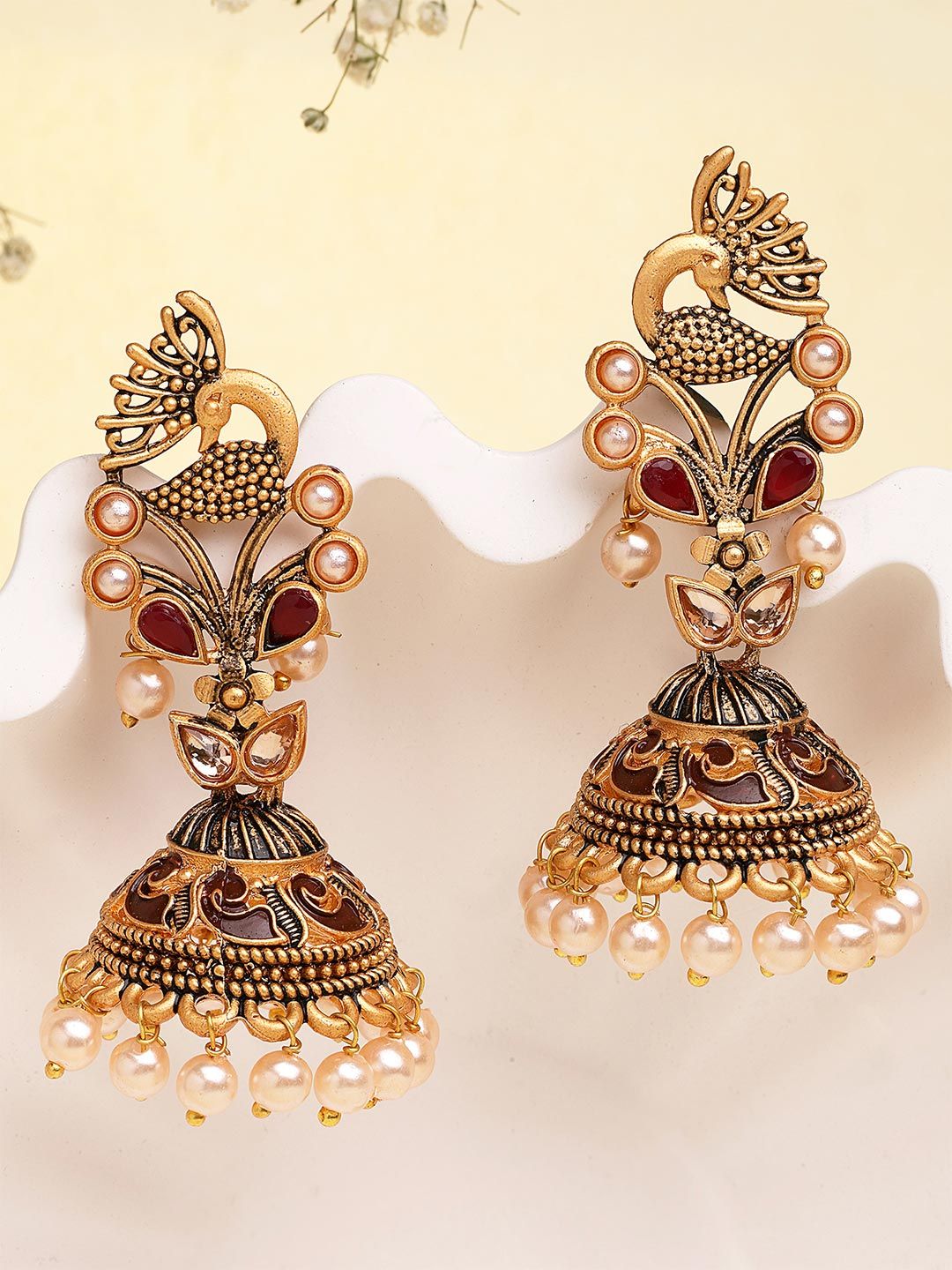 Peacock Gold-Plated Maroon Stone Jhumka for Women