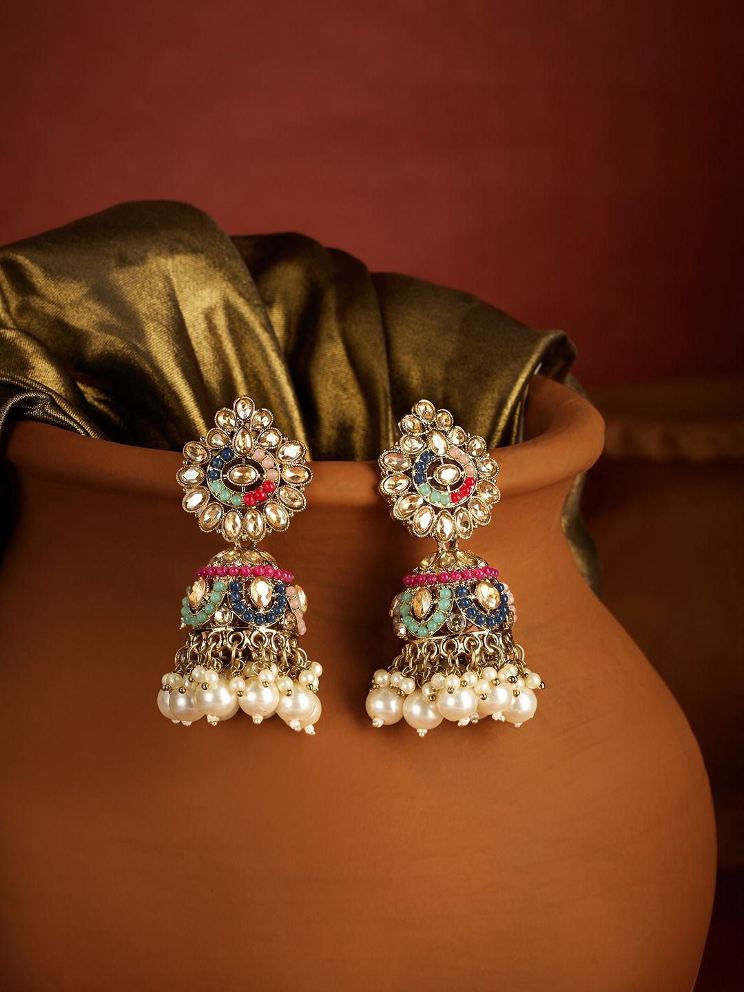 Pearl Studded Gold Contemporary Jhumka for Women