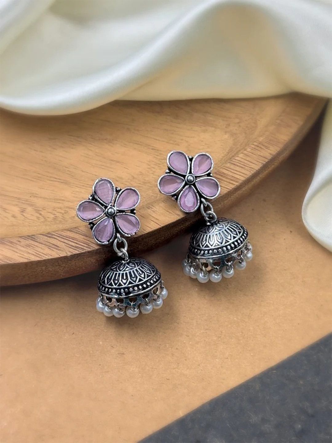Pink Floral Oxidized Artificial Jhumka Earrings | Traditional Indian Style