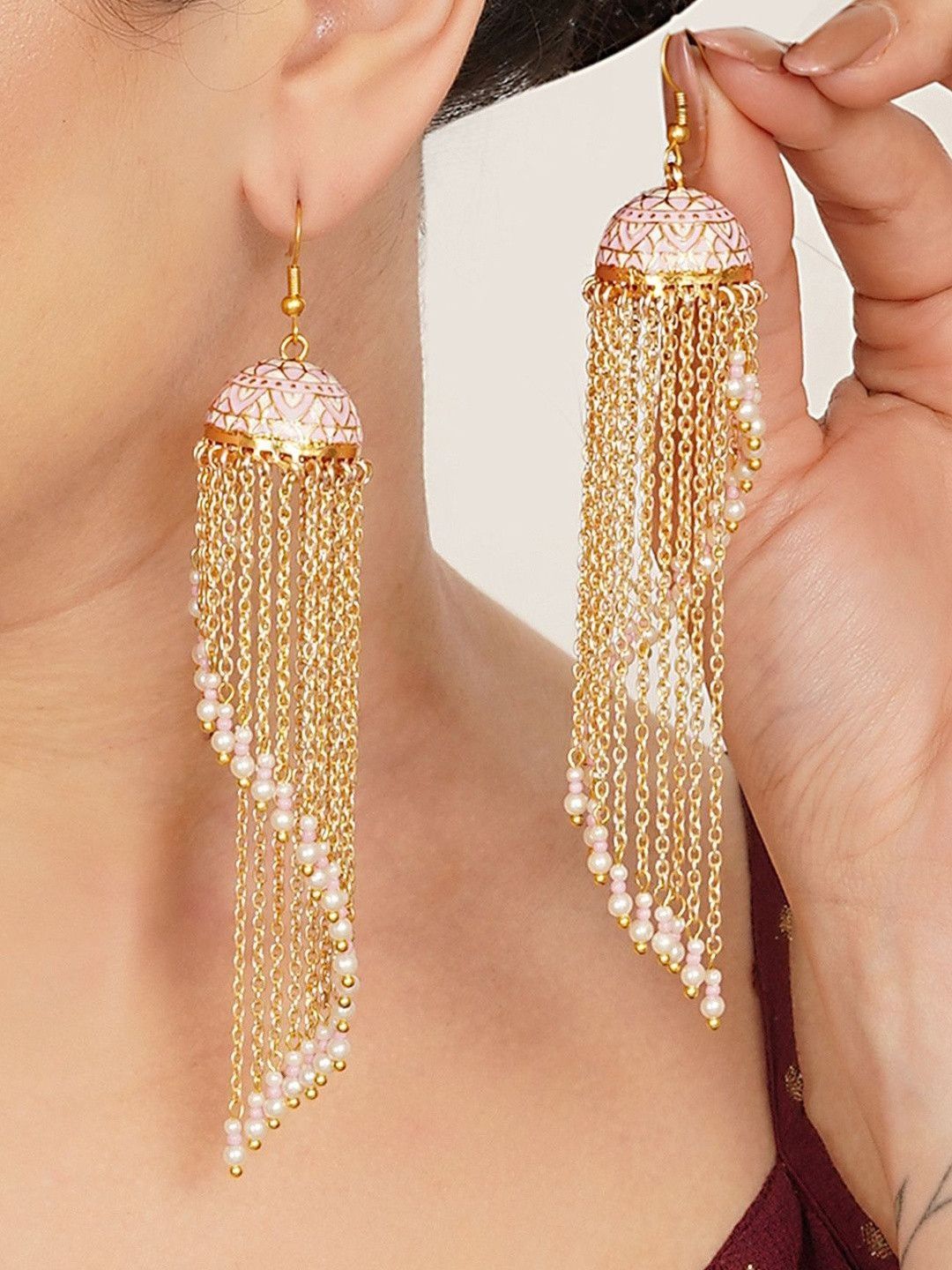 Pink Meenakari Gold Plated Jhumka Earrings | Traditional Long Chain Style