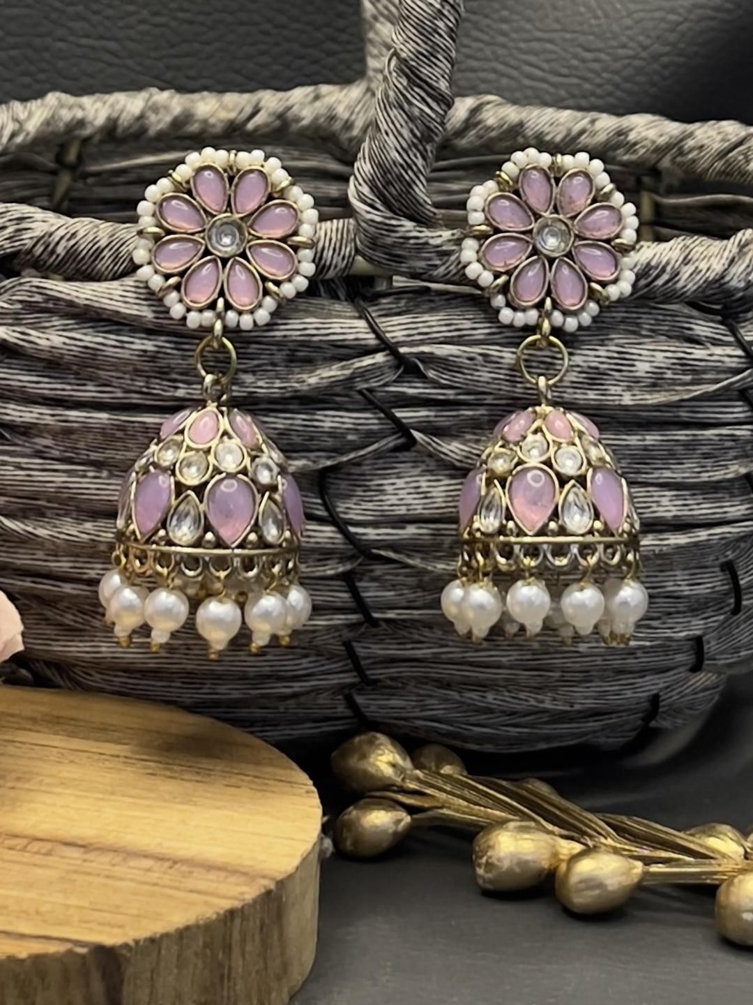 Purple Floral Gold Plated Jhumka Earrings