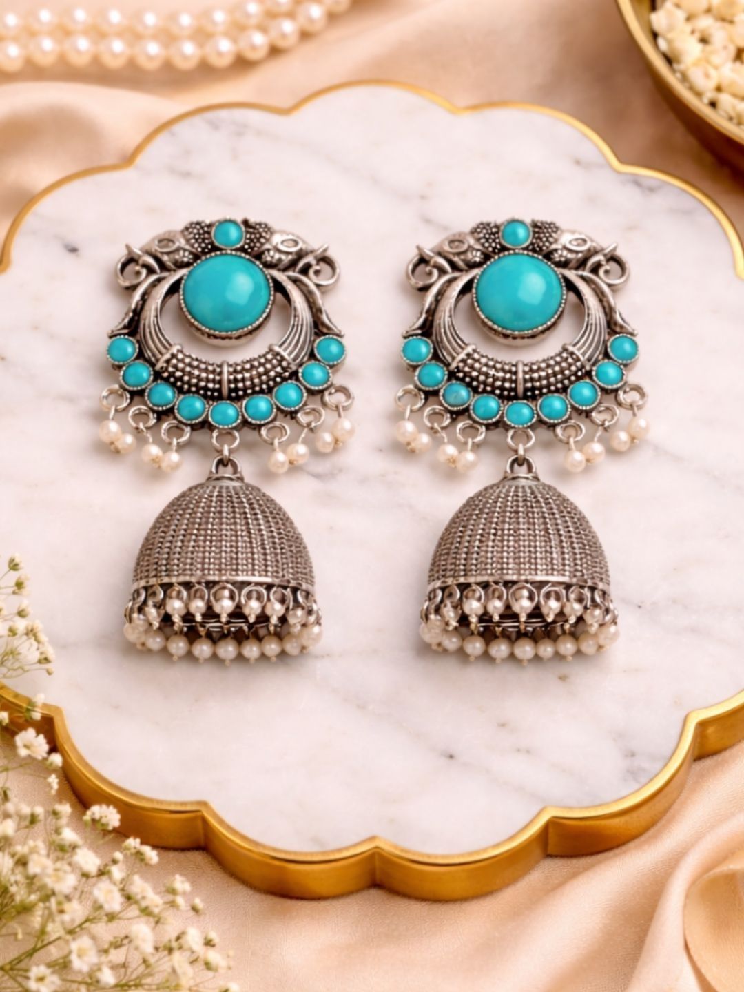 Radiant Turquoise Jhumkas: Traditional Oxidized Imitation Earrings for Indian Glam