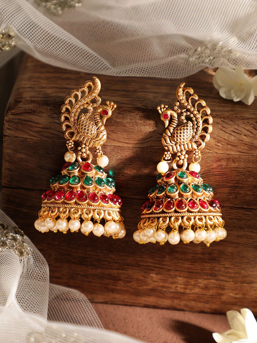 Rubans 22KT Gold Peacock Kundan Jhumka
