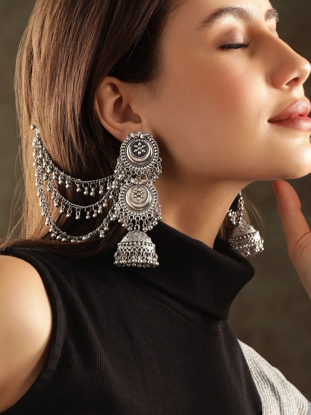 Rubans Oxidised Ghumroo Hair Chain Jhumka