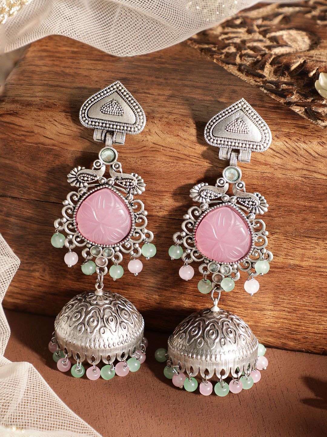 Rubans Oxidised Pastel Pink Jhumka for Women