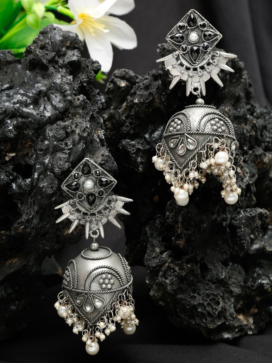 Sangria Silver Oxidised Jhumka for Women