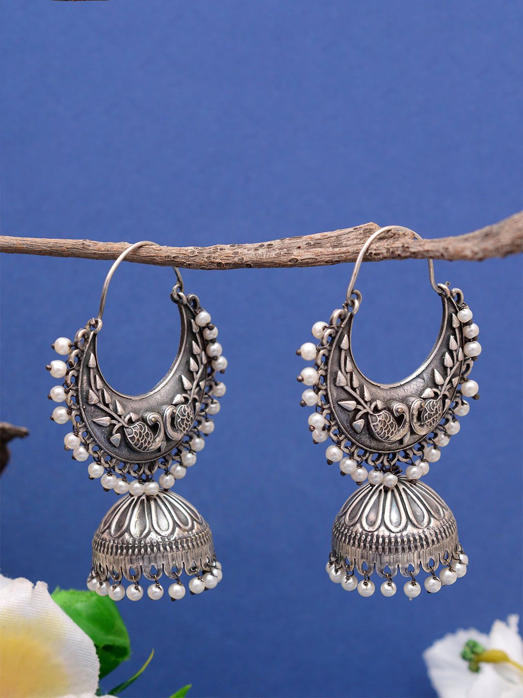 Silver Oxidized Beaded Jhumka for Women