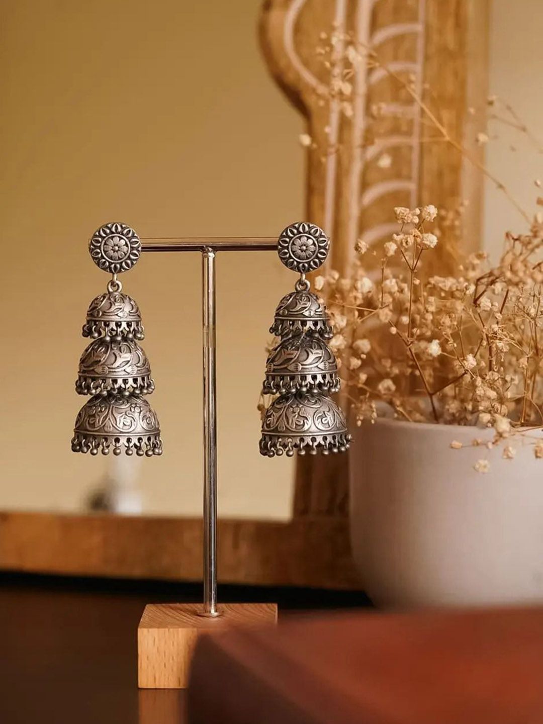 Silver Oxidized Three Layer Dome Jhumka for Women