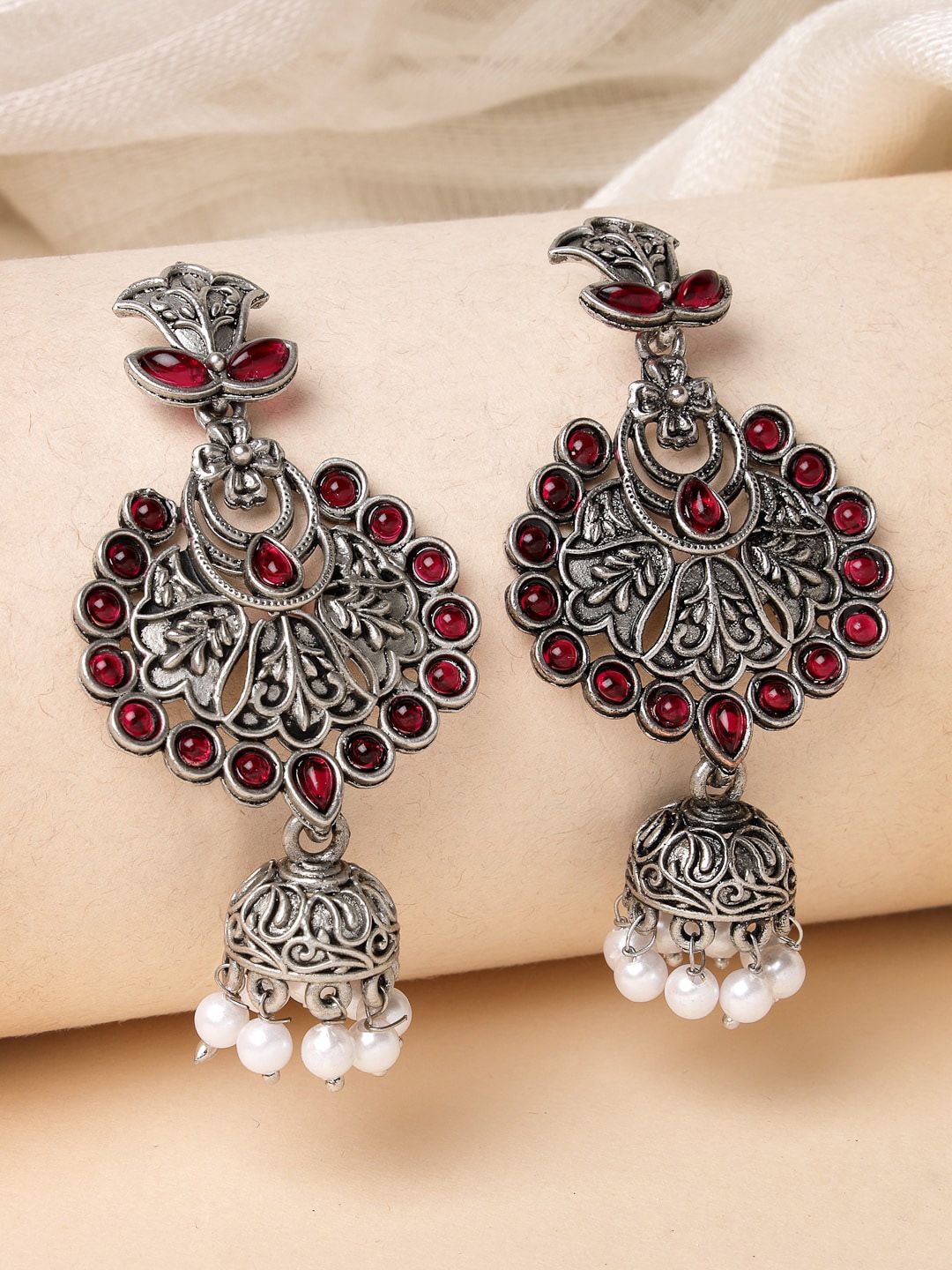 Silver-Plated Oxidized Floral Jhumka for Women
