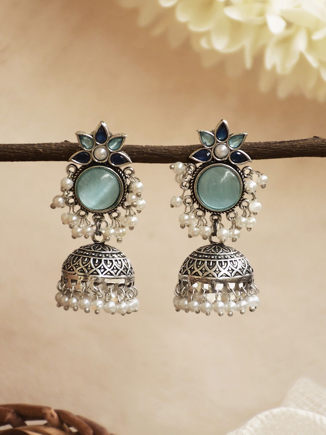 Silver-Plated Oxidized Stone Jhumka