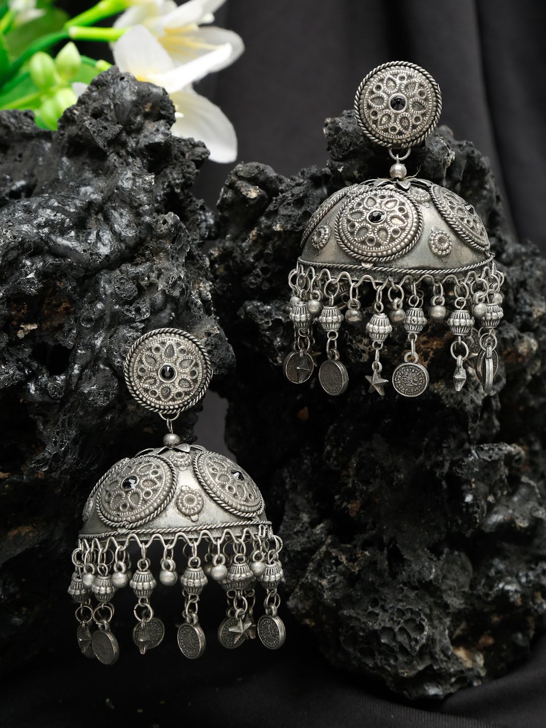Silver Stone Studded Jhumka for Women