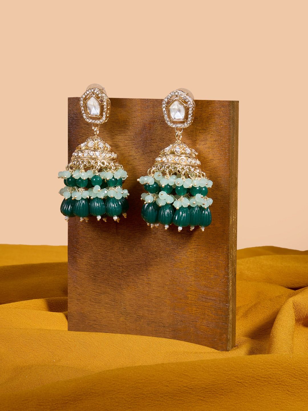 Stunning Green Bead Gold Plated Jhumka Earrings | Traditional Artificial Jhumkas