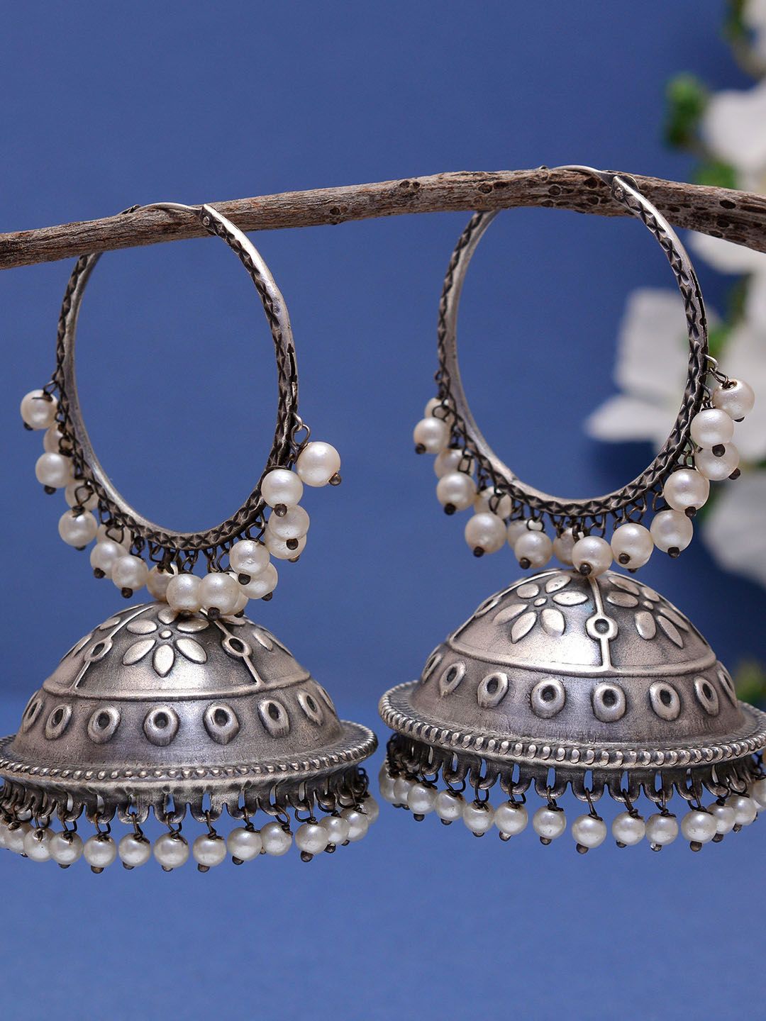 Tanusha Jewels Silver Plated Oxidised Jhumka