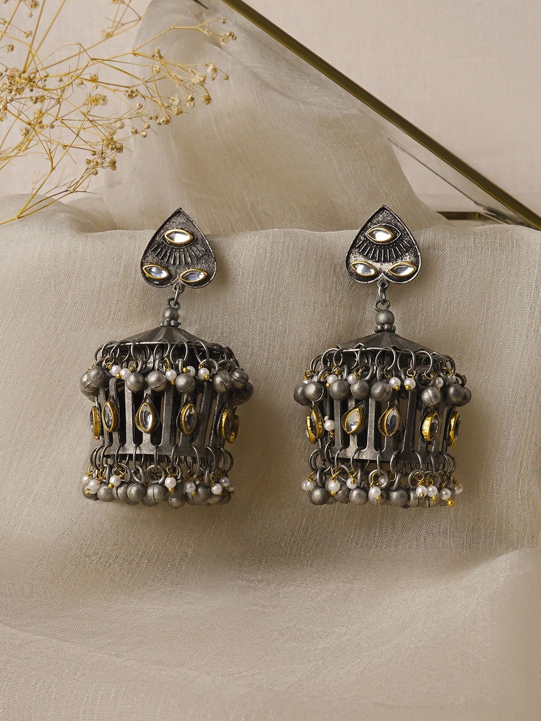 TEEJH Oxidised Silver Jhumka
