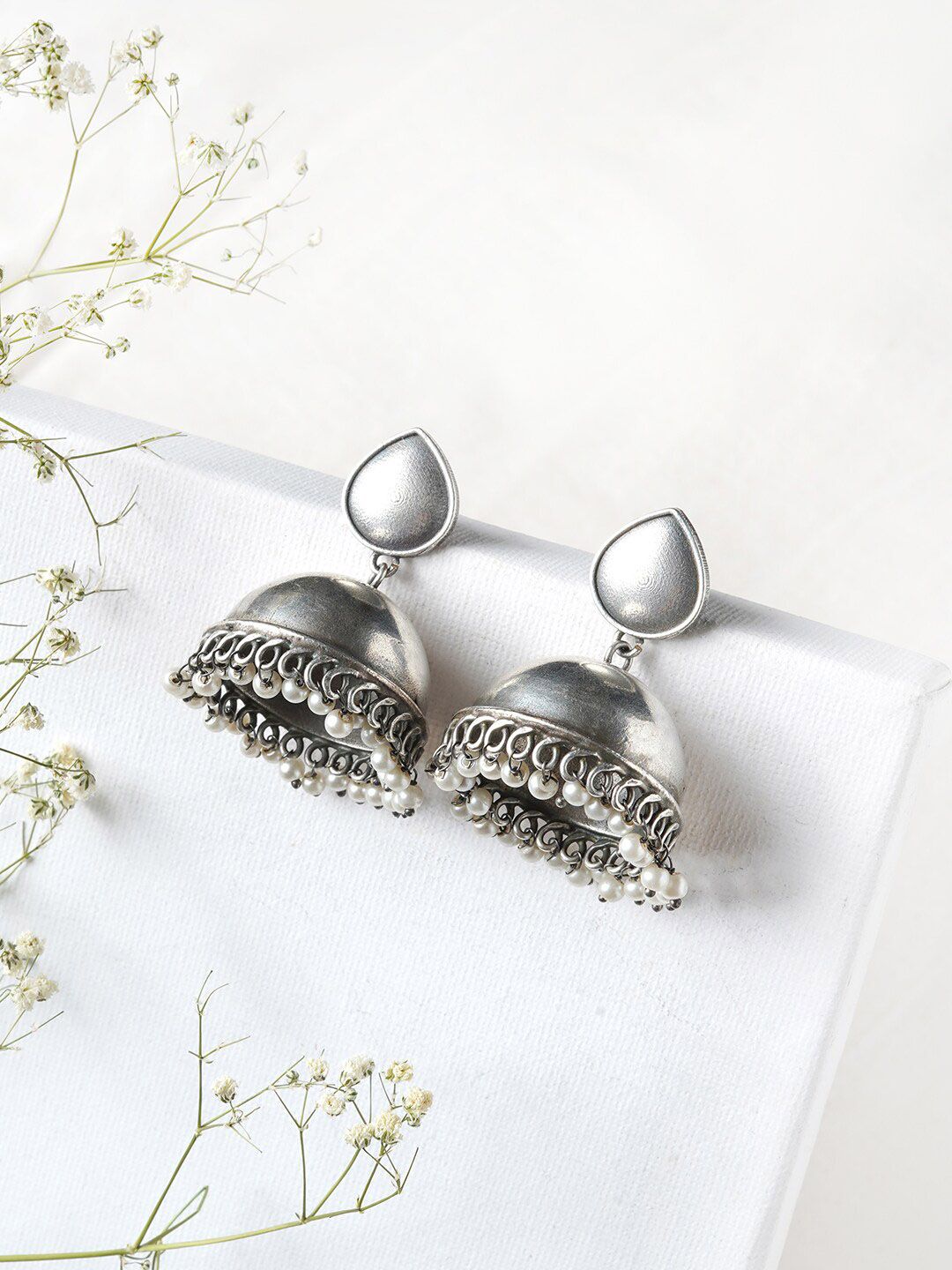 TEEJH Oxidised Tara Silver-Plated Stone Jhumkas