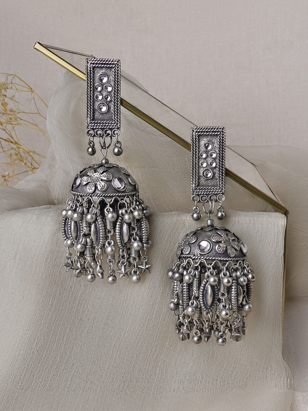TEEJH Silver Plated Contemporary Jhumka for Women