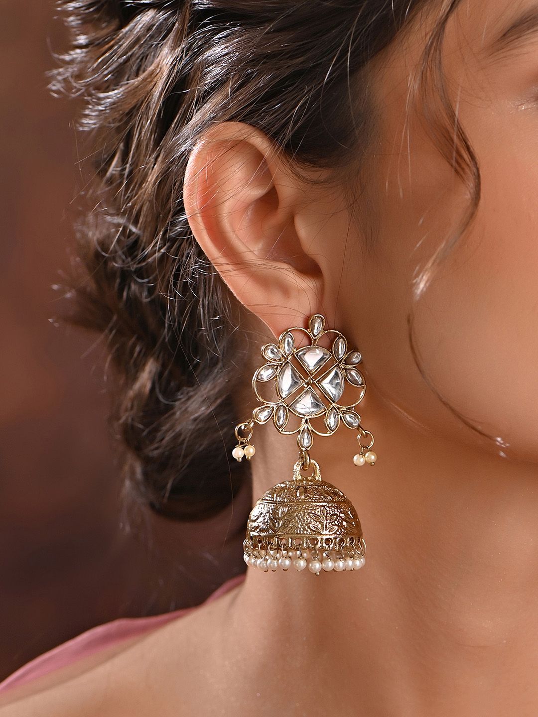 Timeless Charm: Gold-Plated Traditional Indian Jhumka Earrings with Kundan & Pearls