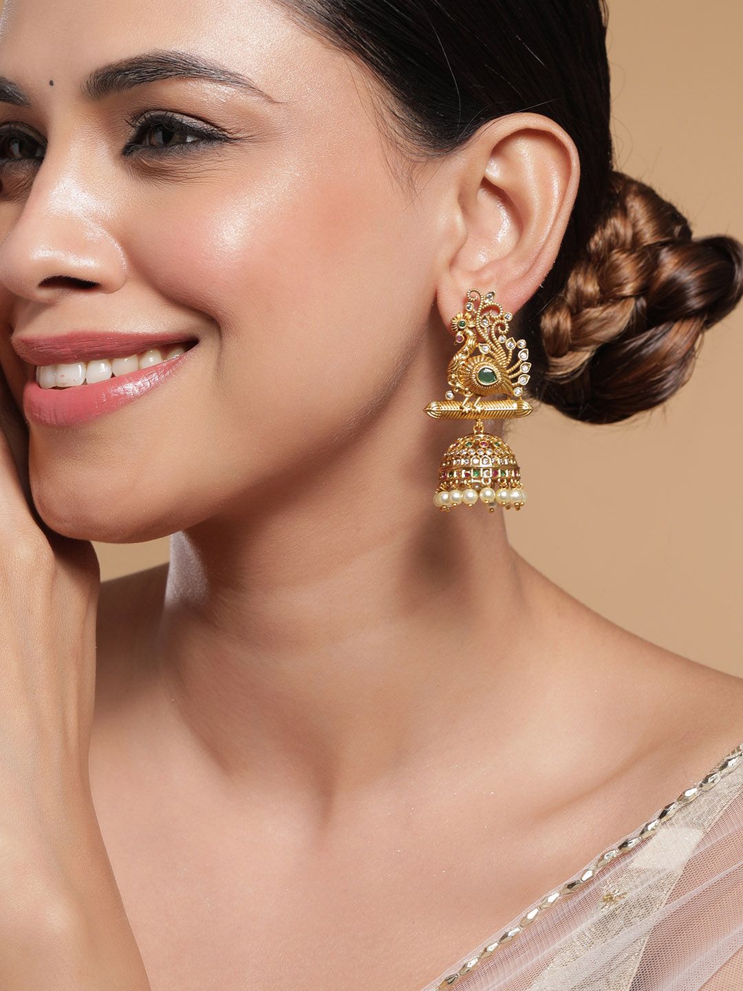 Timeless Indian Jhumka Earrings | Gold-Plated Peacock & Pearl Design