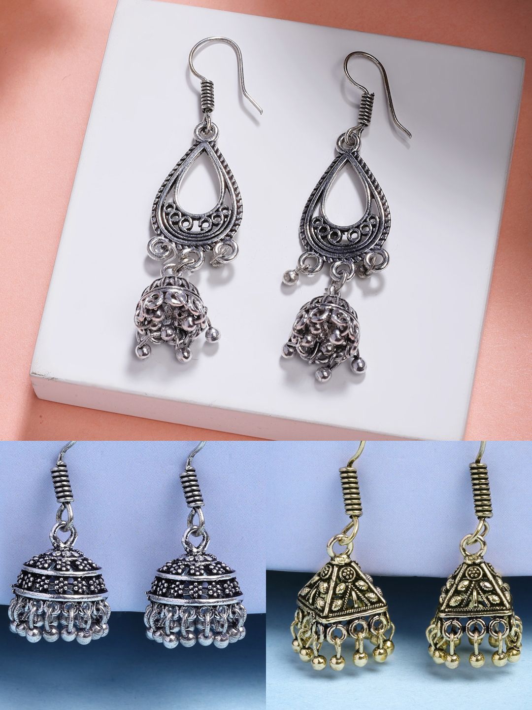Timeless Traditional Jhumka Earrings | Oxidized Silver & Gold-Plated