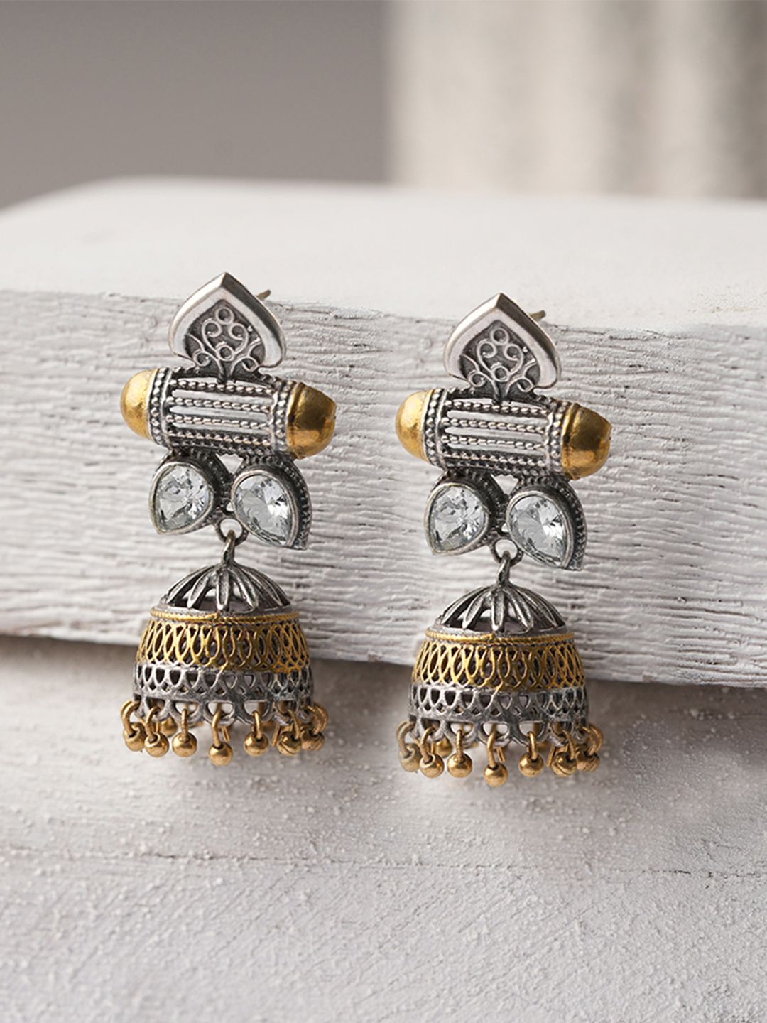 Traditional Dual-Tone Jhumka Earrings | Oxidized Silver & Gold-Plated Artificial Jewelry