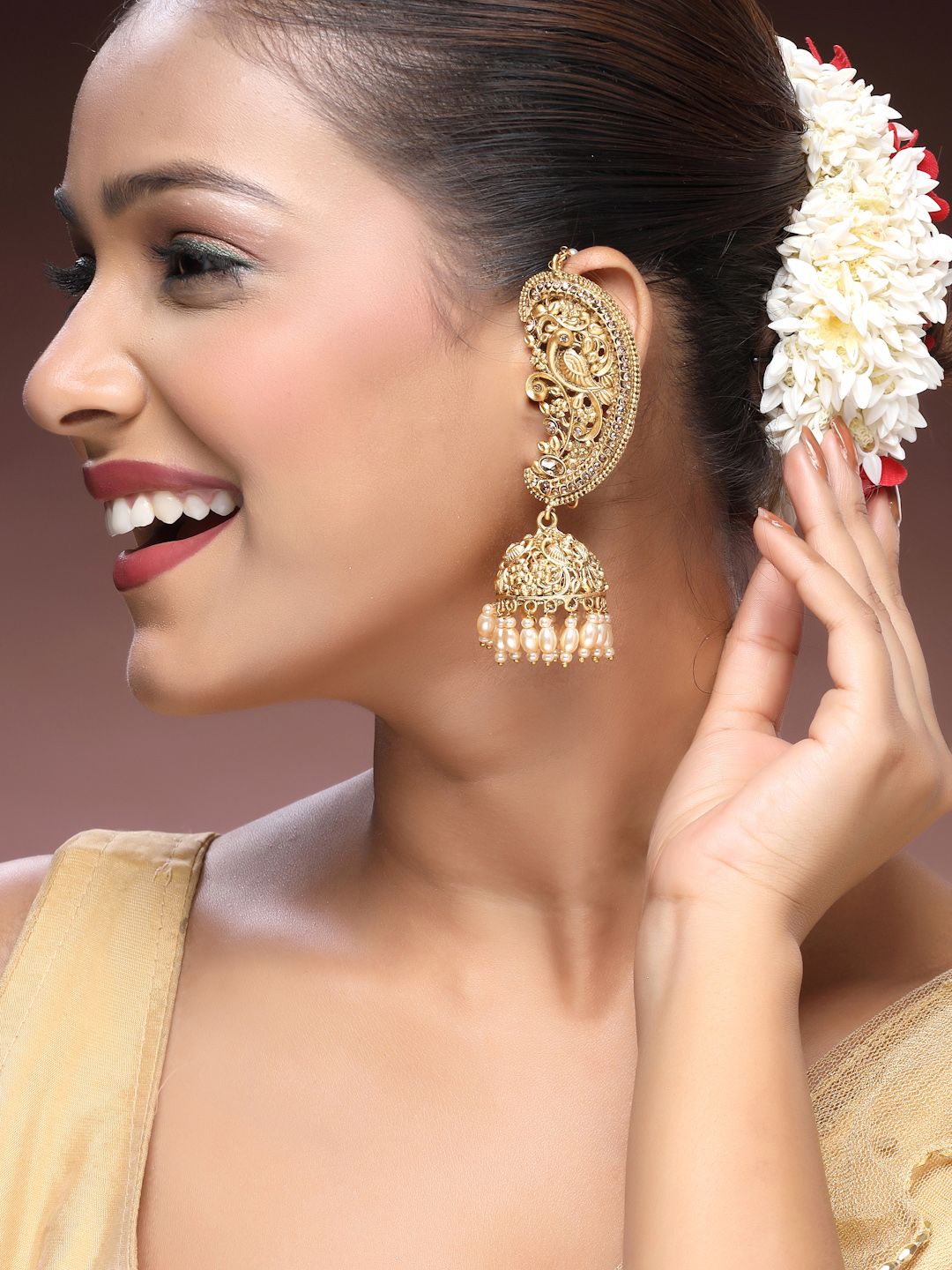 Traditional Ear Cuff Jhumka Earrings | Antique Gold Plated Design