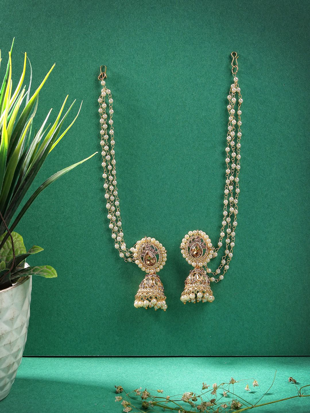 Traditional Gold-Plated Indian Jhumka Earrings with Pearl Kaan Chains
