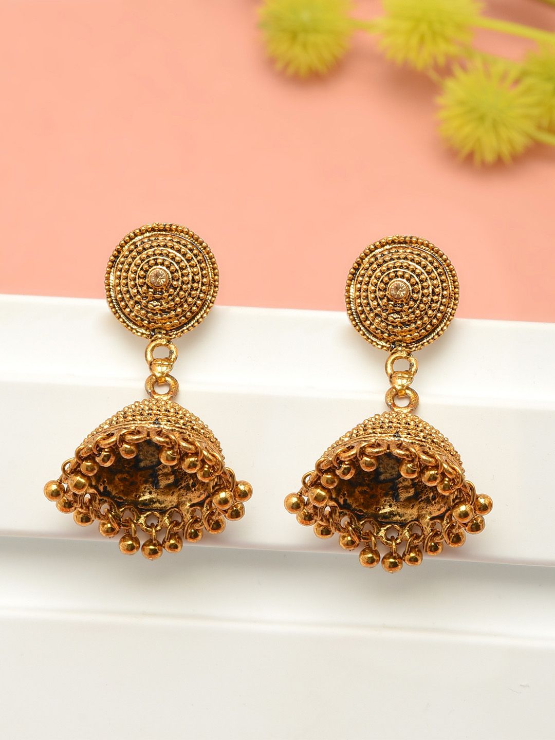 Traditional Gold Plated Jhumka Earrings | Antique Finish Artificial