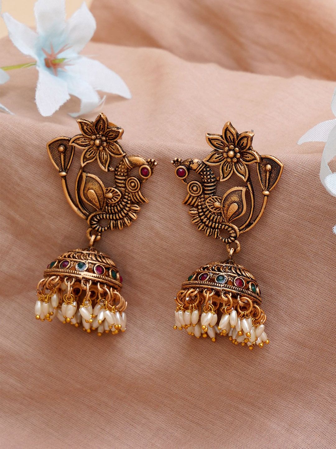 Traditional Gold-Plated Jhumka Earrings - Peacock Design