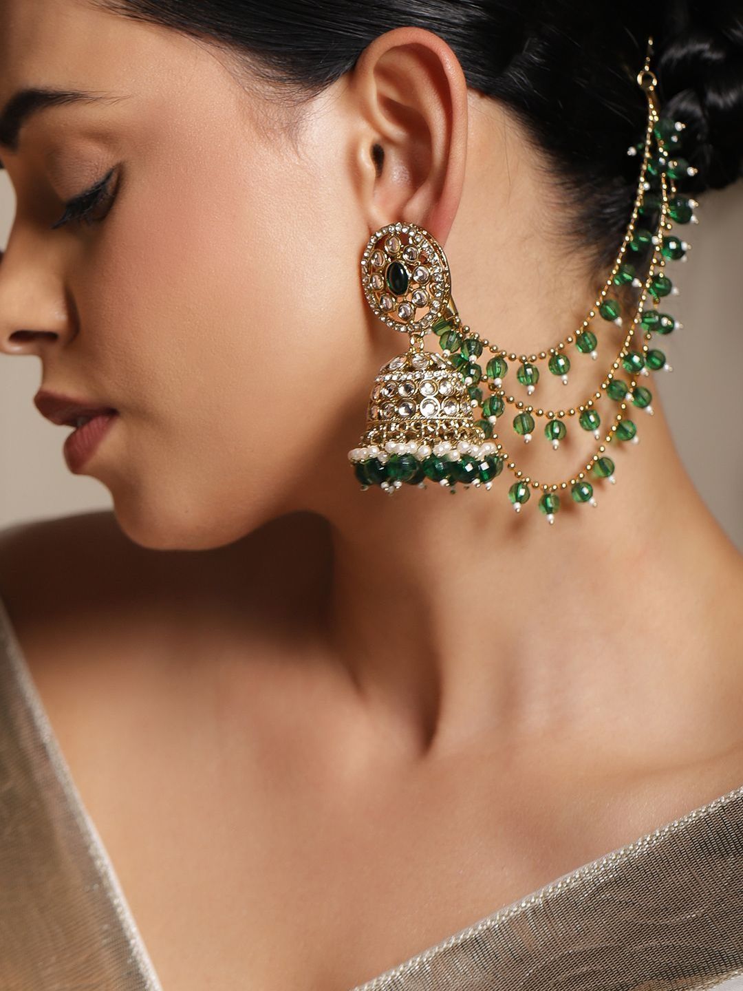 Traditional Gold Plated Jhumka Earrings with Chain | Green Stones & Pearls