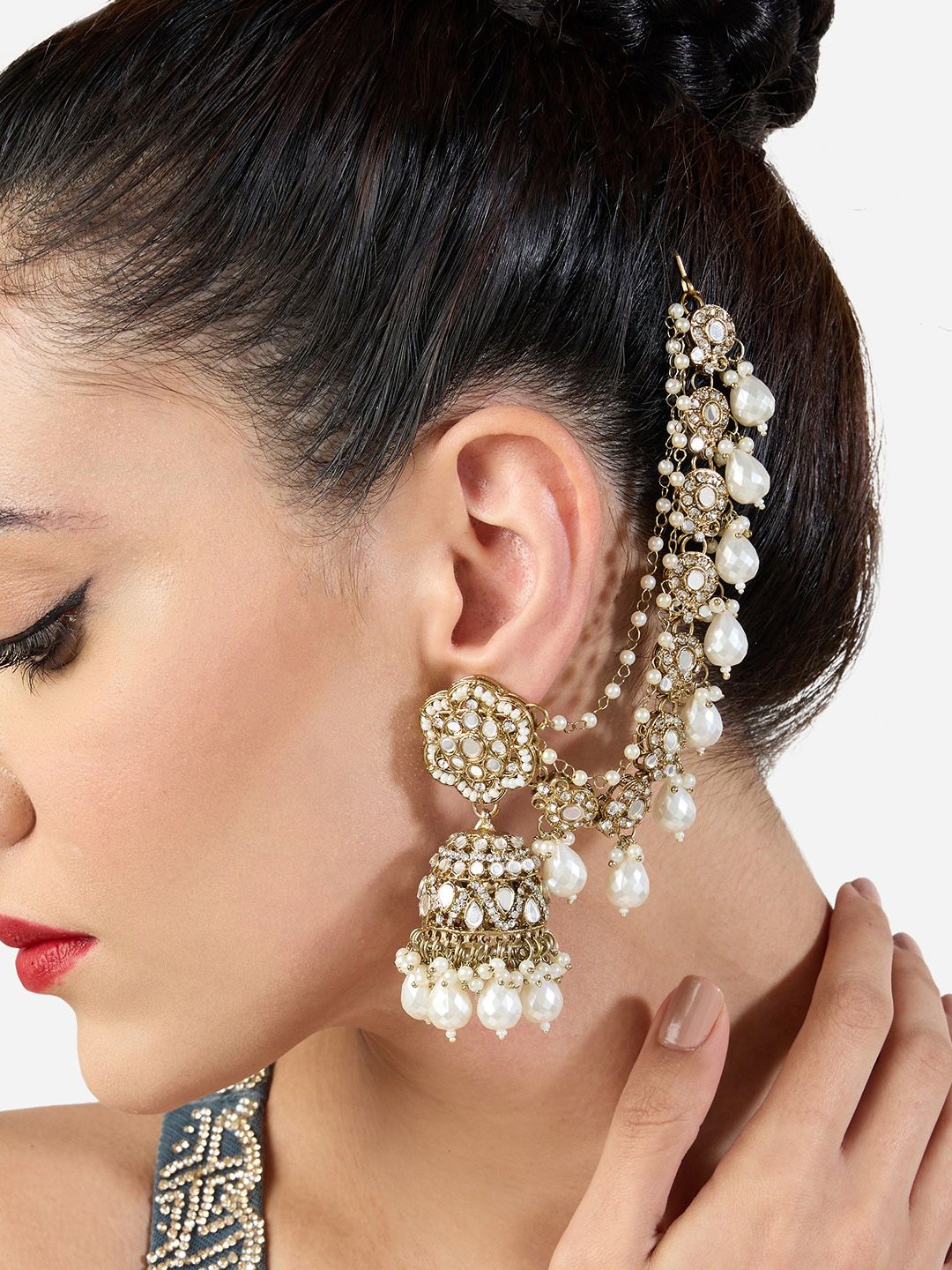 Traditional Gold-Plated Jhumka Earrings with Ear Chain