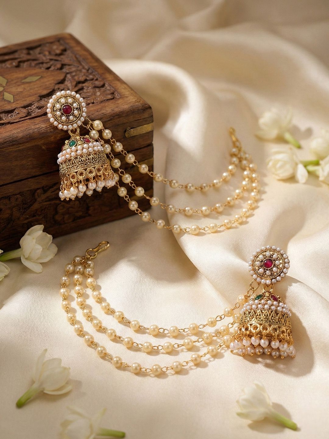 Traditional Gold Plated Jhumka Earrings with Pearl Chains