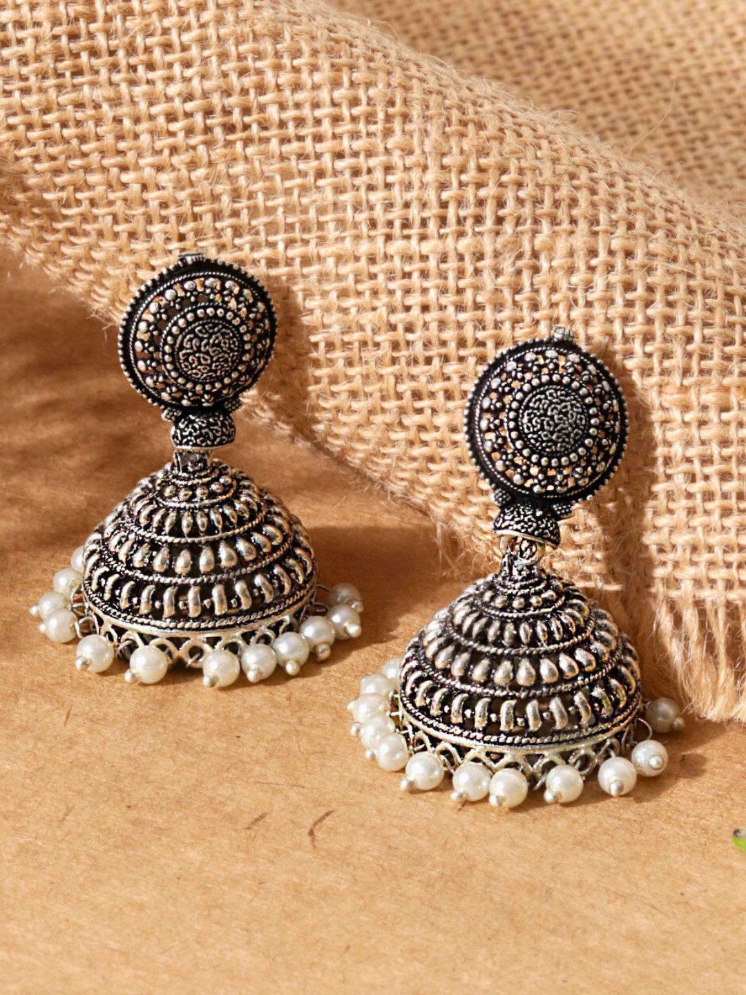 Traditional Indian Artificial Jhumka Earrings | Oxidized Silver Tone with Pearls